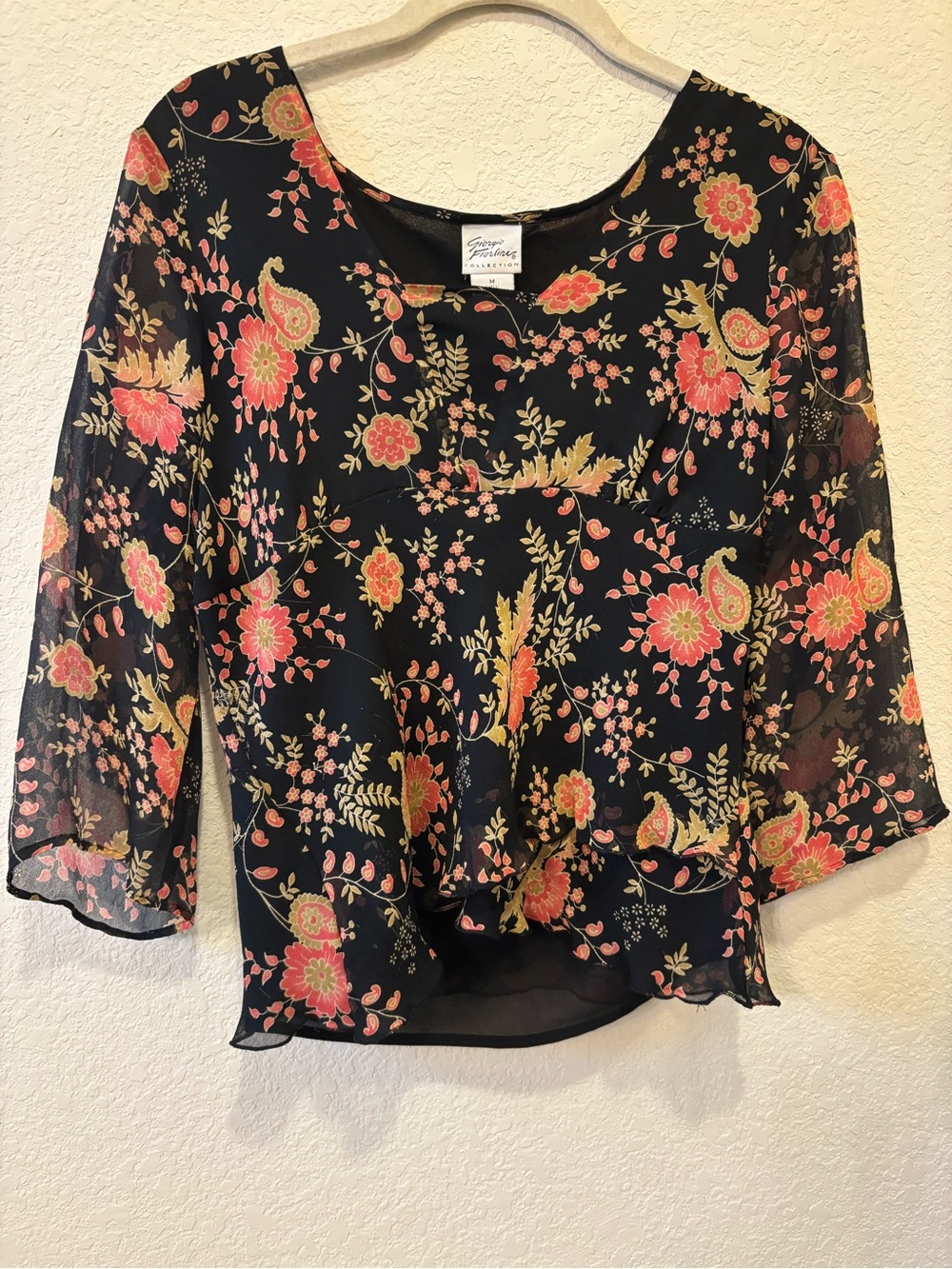 SILK Giorgio Fiorline Black Floral Chiffon Bell Sleeve Blouse Medium